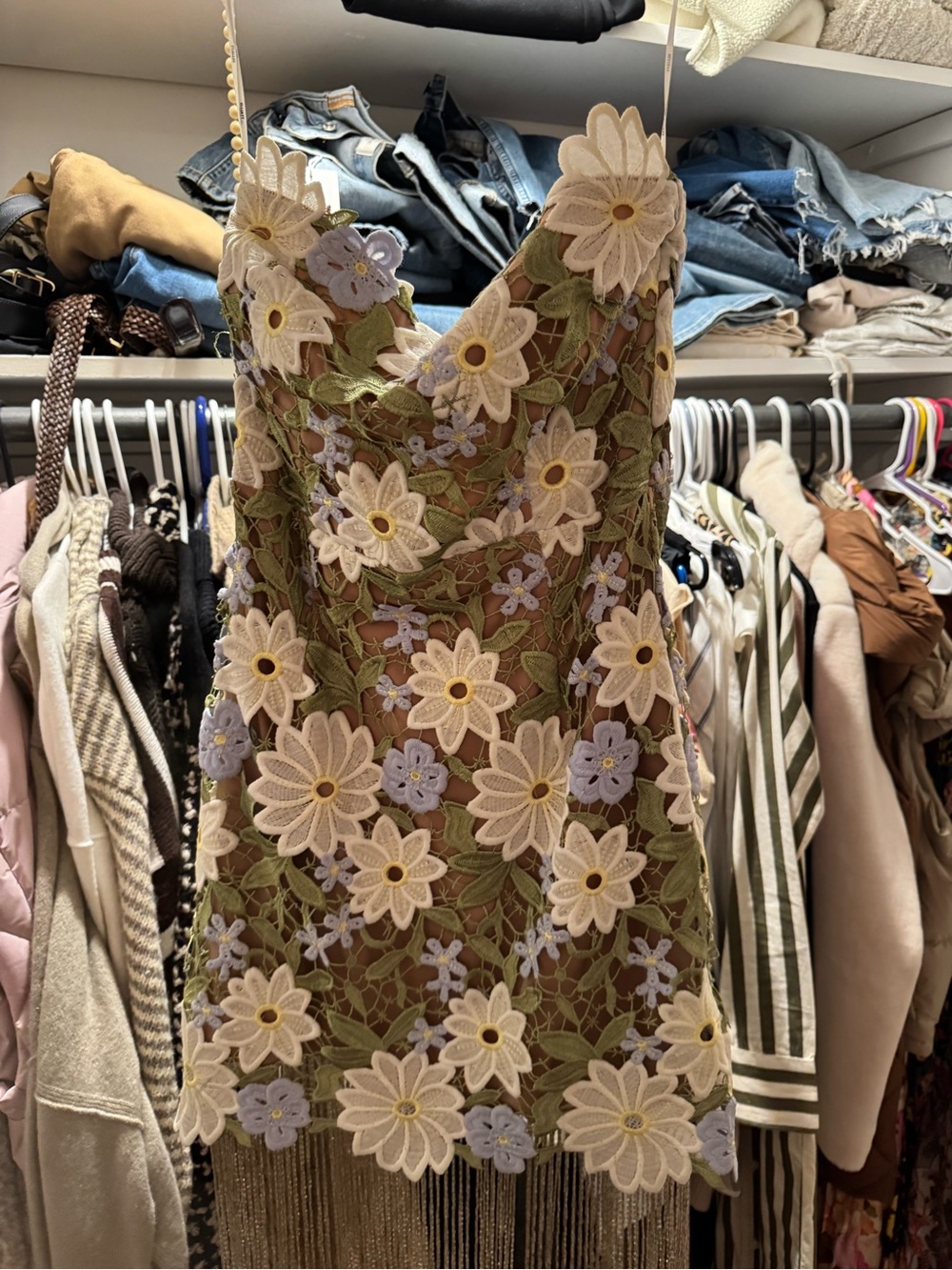 Elliatt Olive Mini Dress with Pastel Floral Embroidery and Fringe - Picture 2 of 6